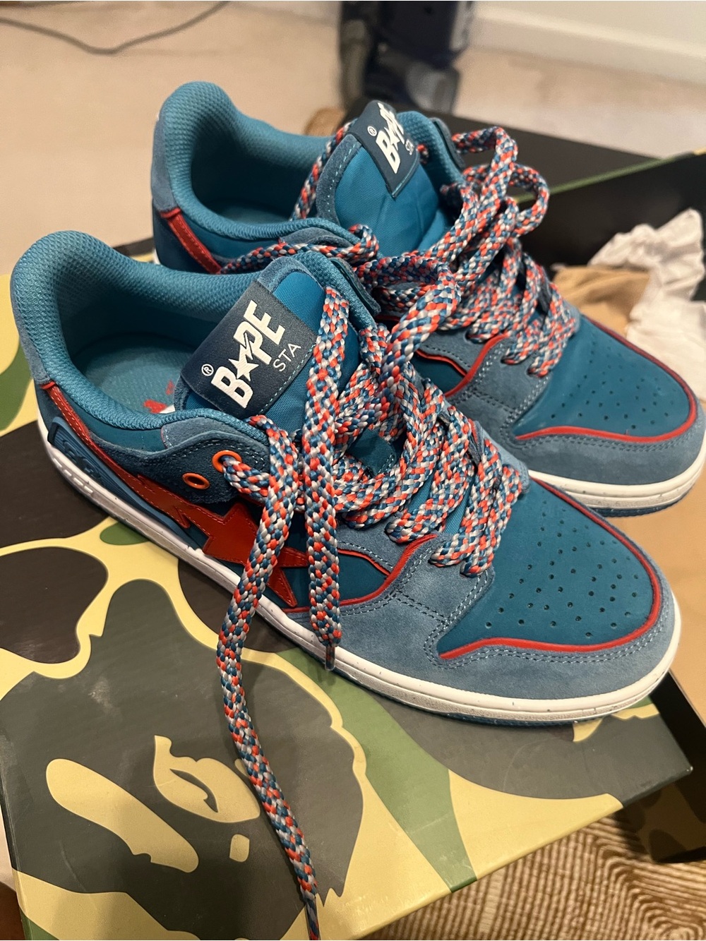 BAPE Teal Suede Low Top Sneakers with Orange Star Accents, Sz 8